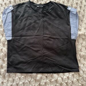 Zara Black Tee with Blue & White Striped Sleeve Tabs